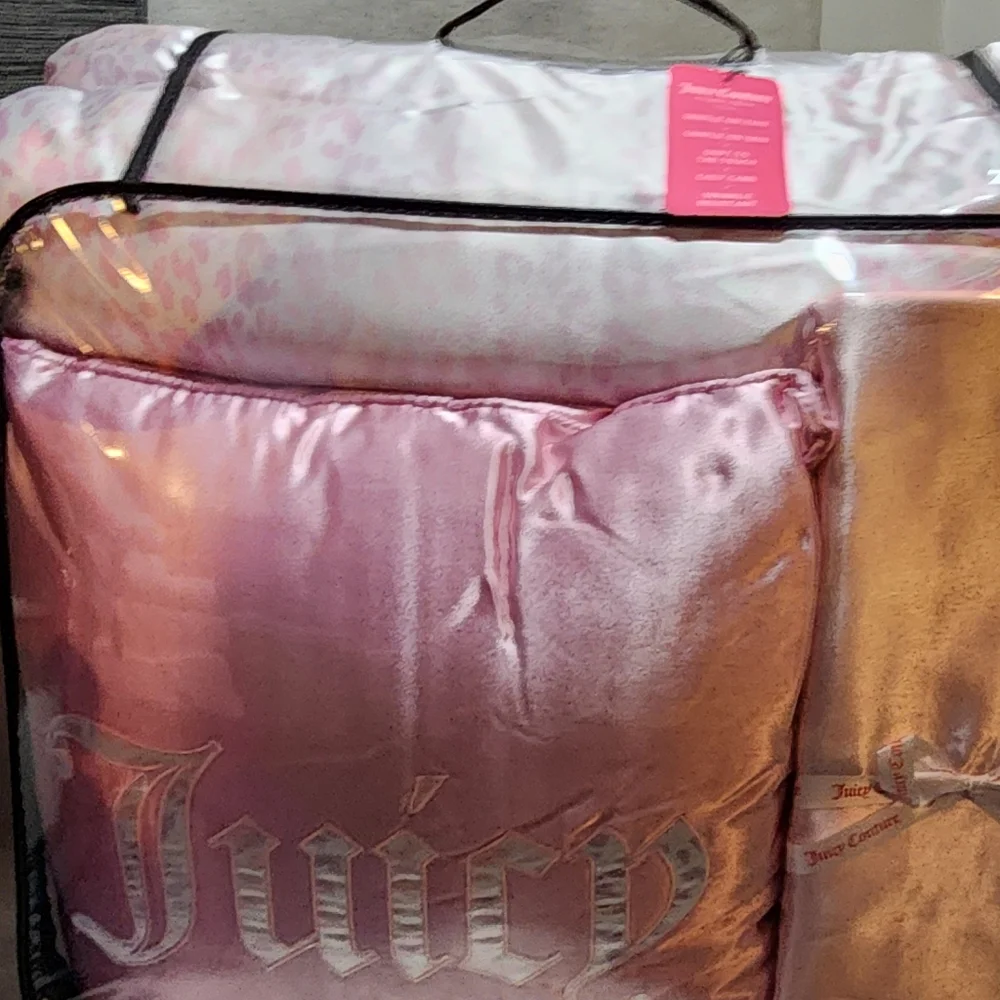 Juicy Couture Pink and Silver Satin Comforter Set - Queen